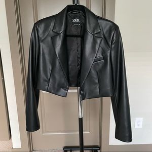 Zara black leather cropped blazer jacket